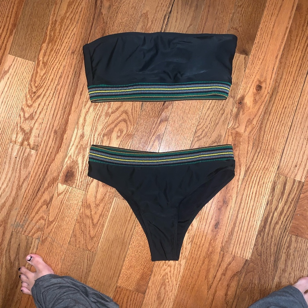 She-in black bandeau bikini with green and yellow trim